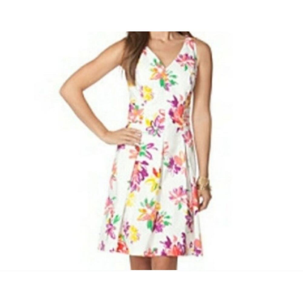 Chaps Womens Jacquard Fit N Flare Pleated Sleeveless V-neck Dress Size 10